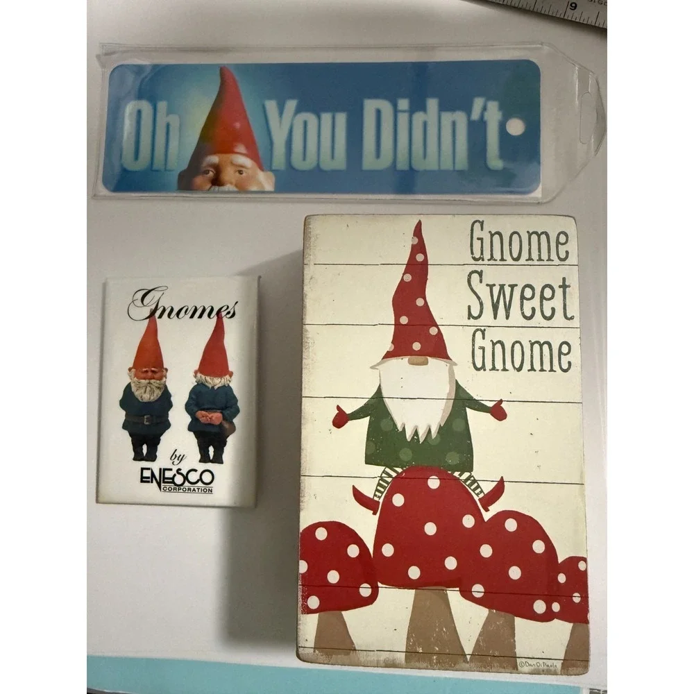 Lot of 3 Garden Gnomes Bookmark Pin‎ Brooch Enesco Plaque Gifts Fairy Garden